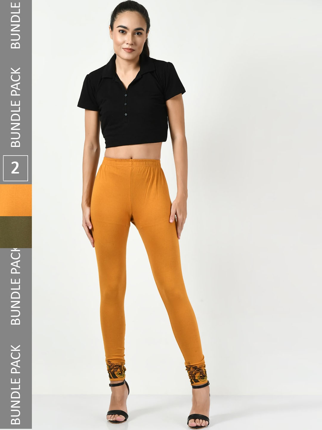 

BAESD Pack Of 2 Printed Slim-Fit Cotton Lycra Churidar-length Soft Leggings, Mustard