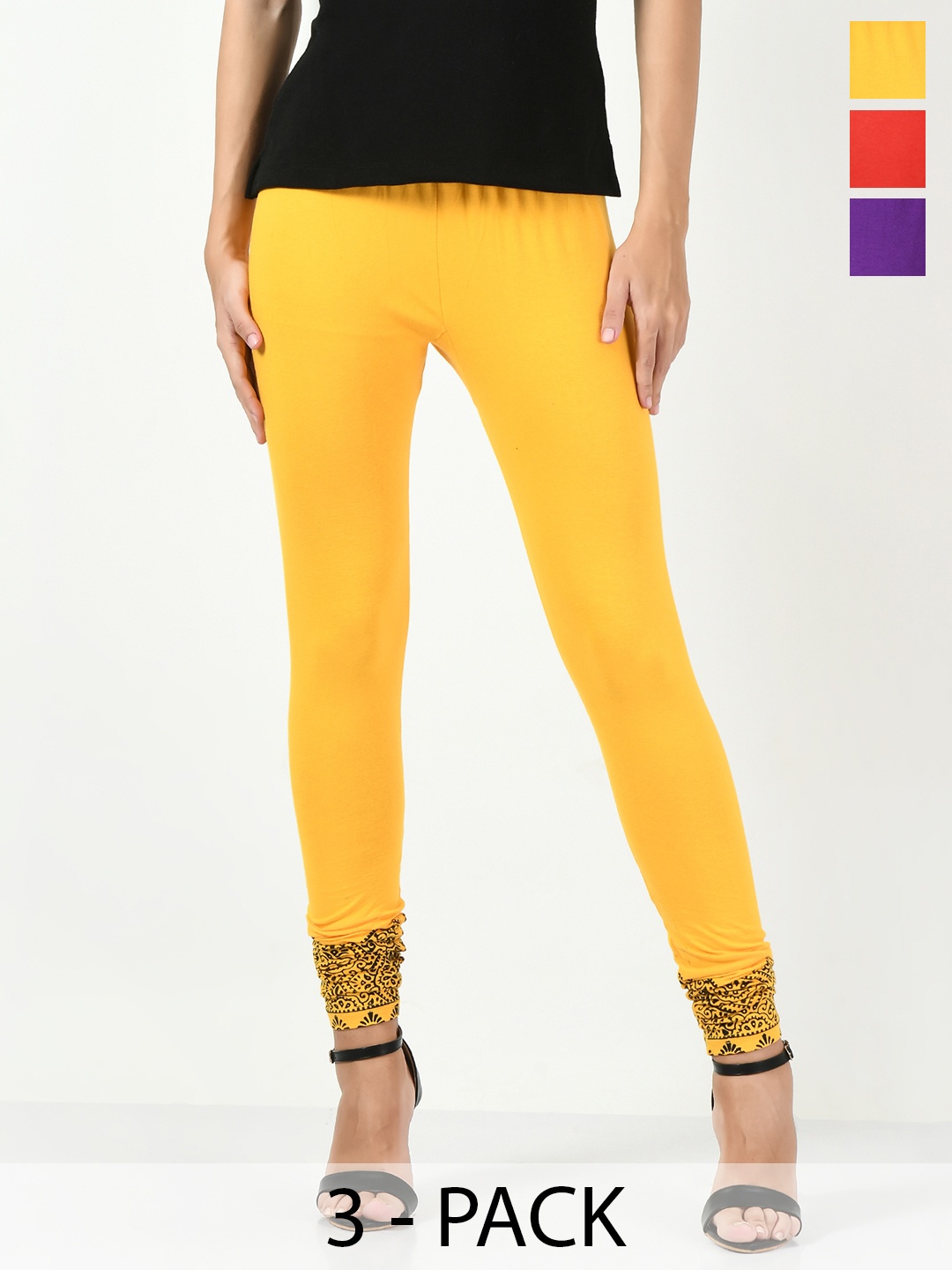

BAESD Pack Of 3 Printed Slim-Fit Ankle Length Leggings, Yellow