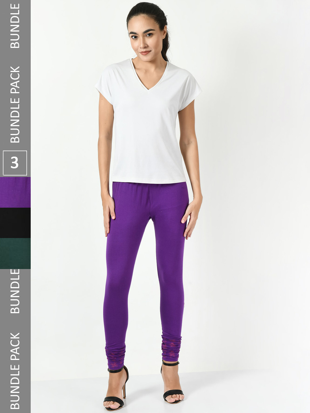 

BAESD Pack Of 3 Printed Slim-Fit Churidar Length Leggings, Purple