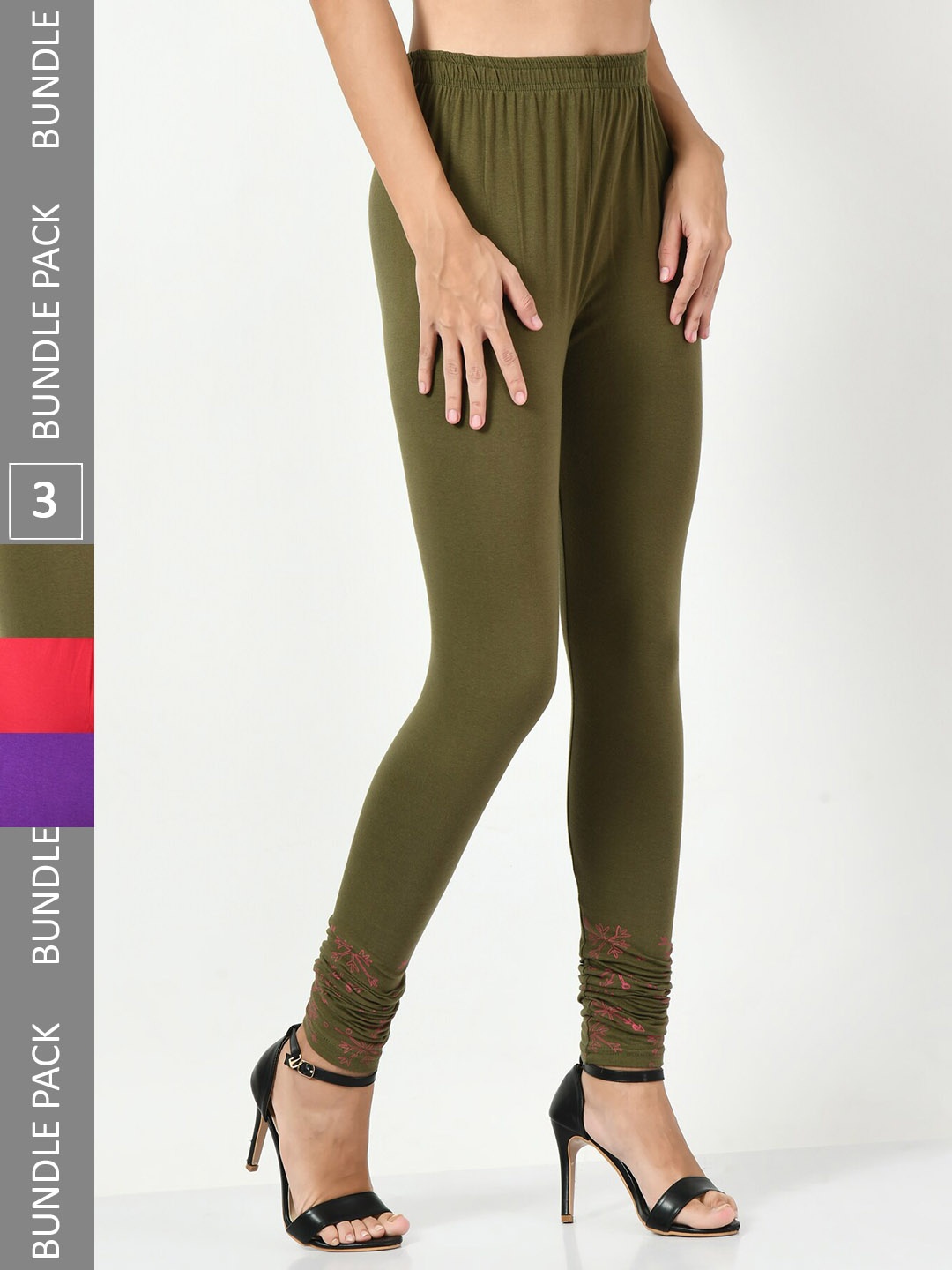 

BAESD Pack Of 3 Printed Slim-Fit Churidar Length Leggings, Olive
