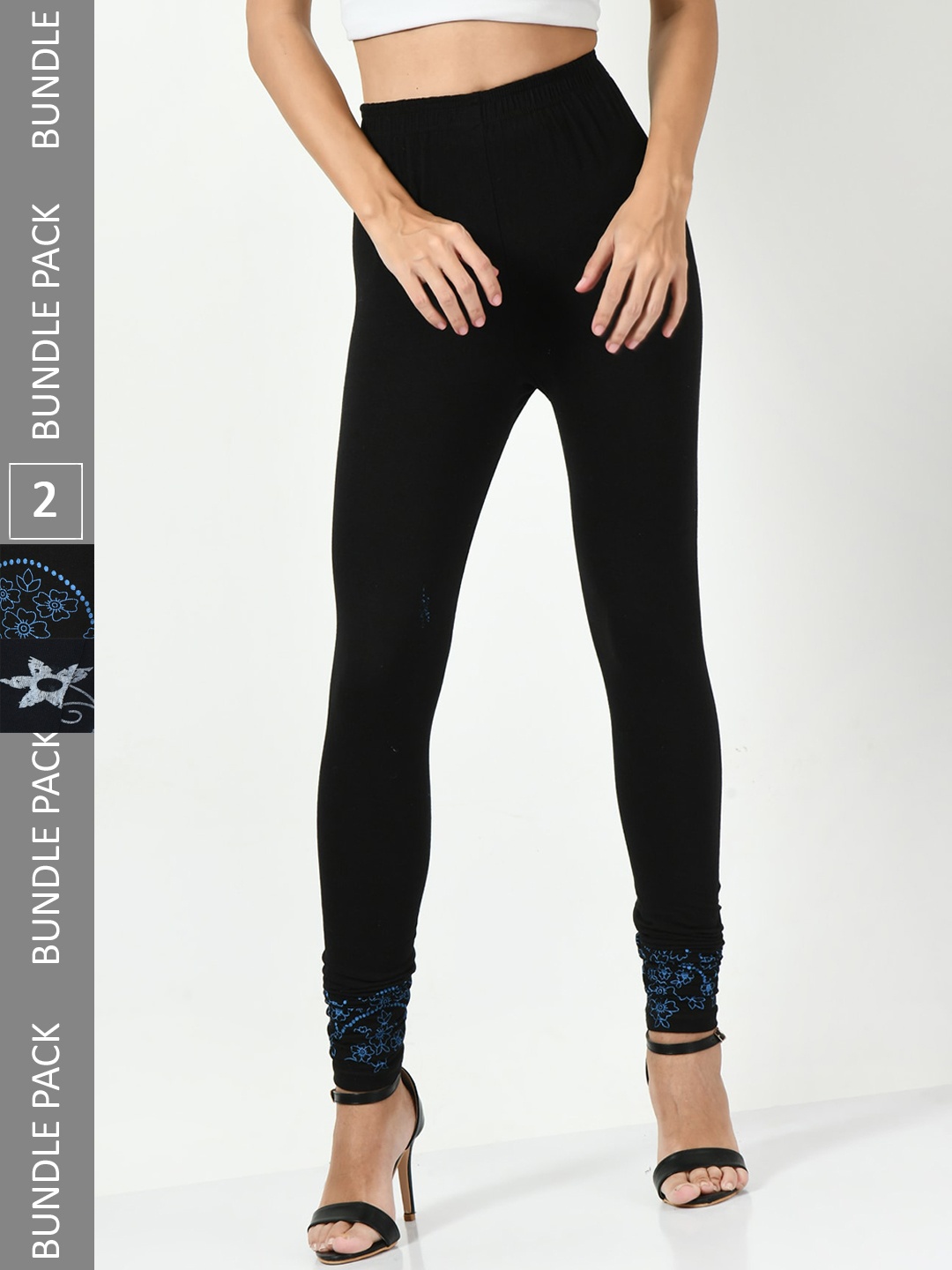 

BAESD Pack Of 2 Printed Slim-Fit Churidar Length Leggings, Navy blue