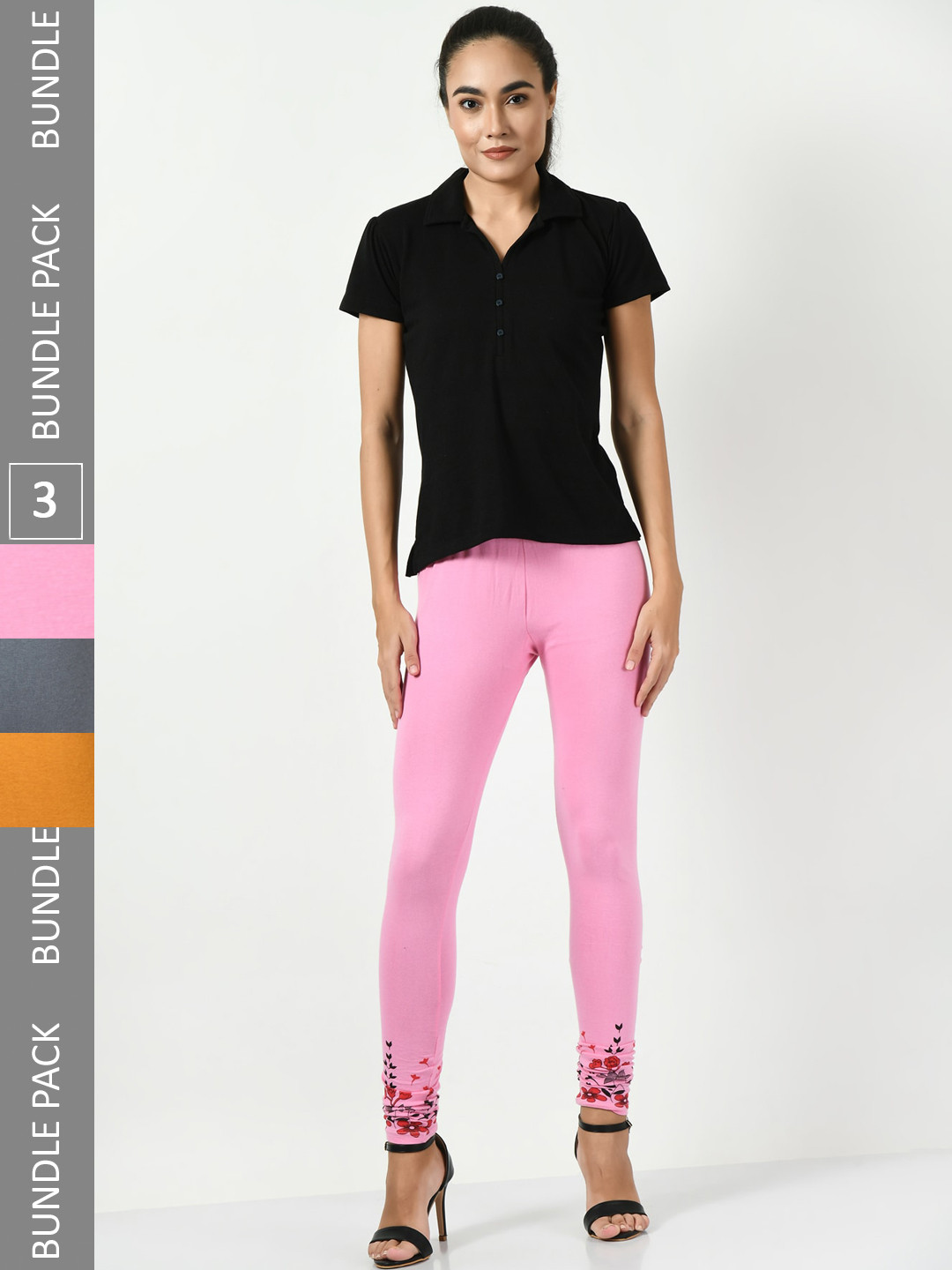 

BAESD Women Pack Of 3 Printed Slim-Fit Churidar-Length Leggings, Pink