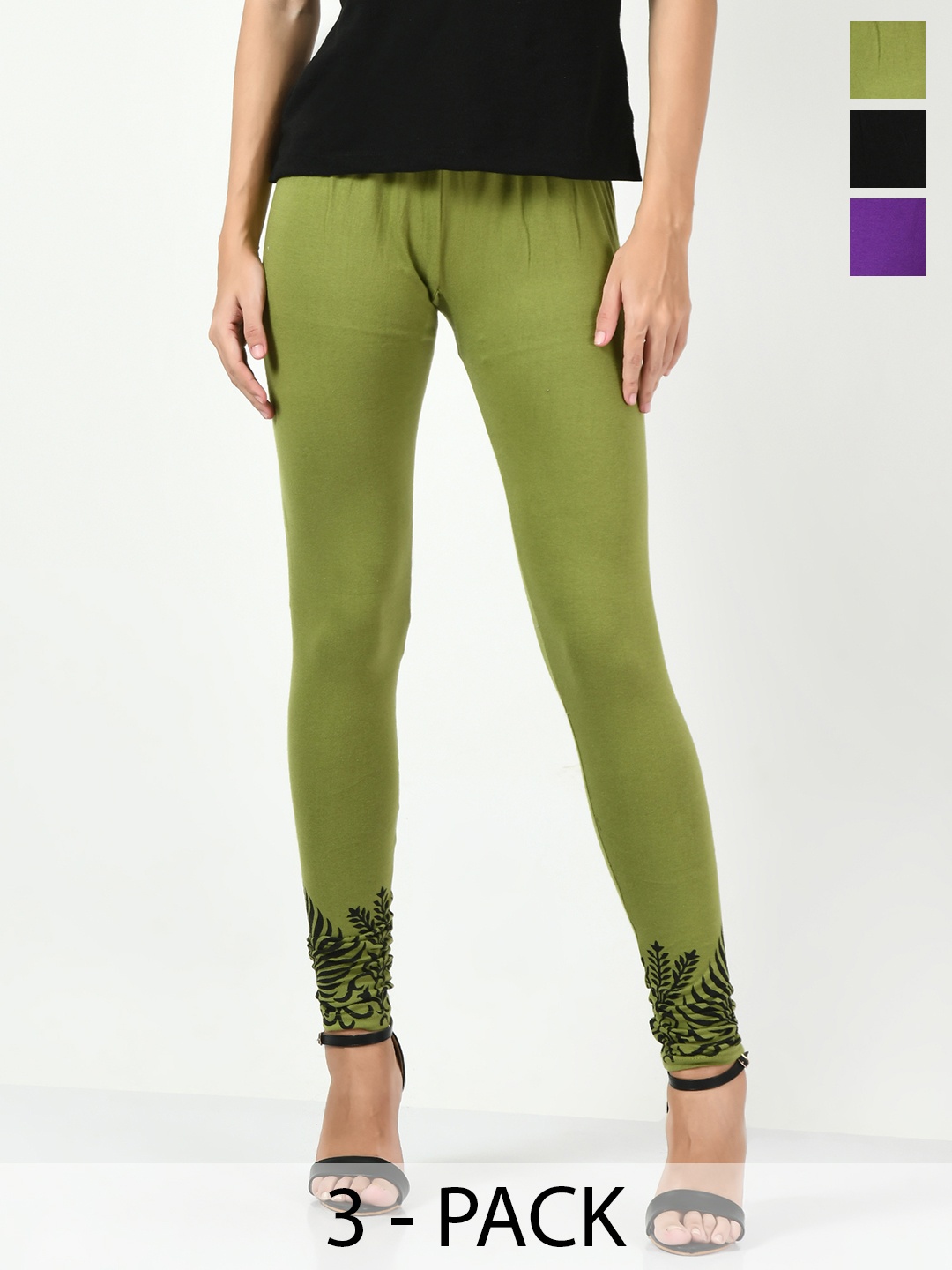 

BAESD Pack Of 3 Bottom Printed Churidar Length Leggings, Green