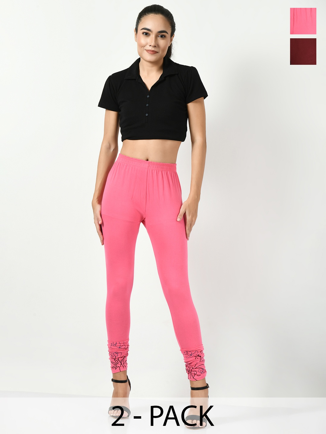

BAESD Pack Of 2 Printed Churidar Length Slim-Fit Leggings, Pink
