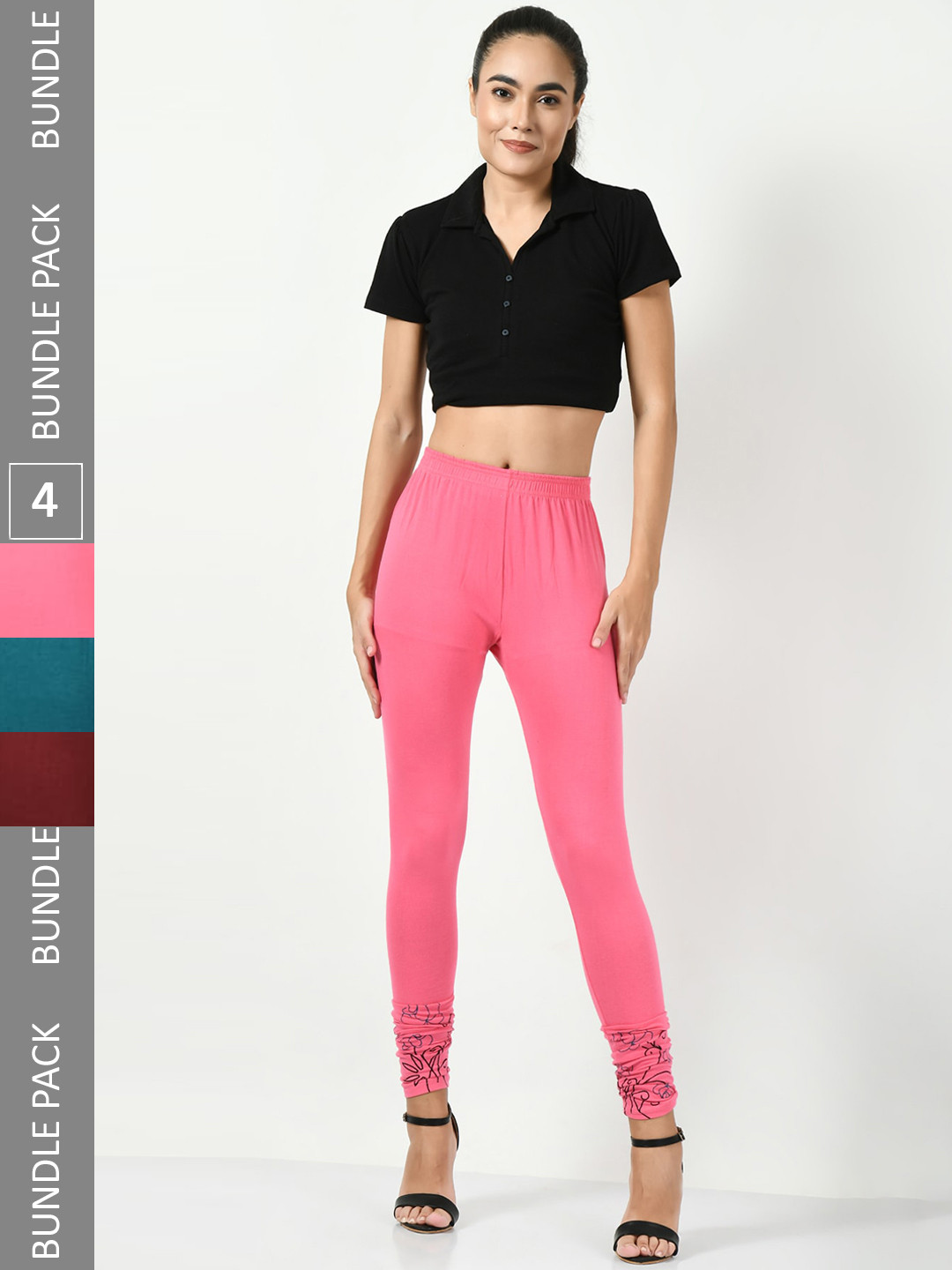 

BAESD Pack Of 3 Printed Slim-Fit Churidar Length Leggings, Pink