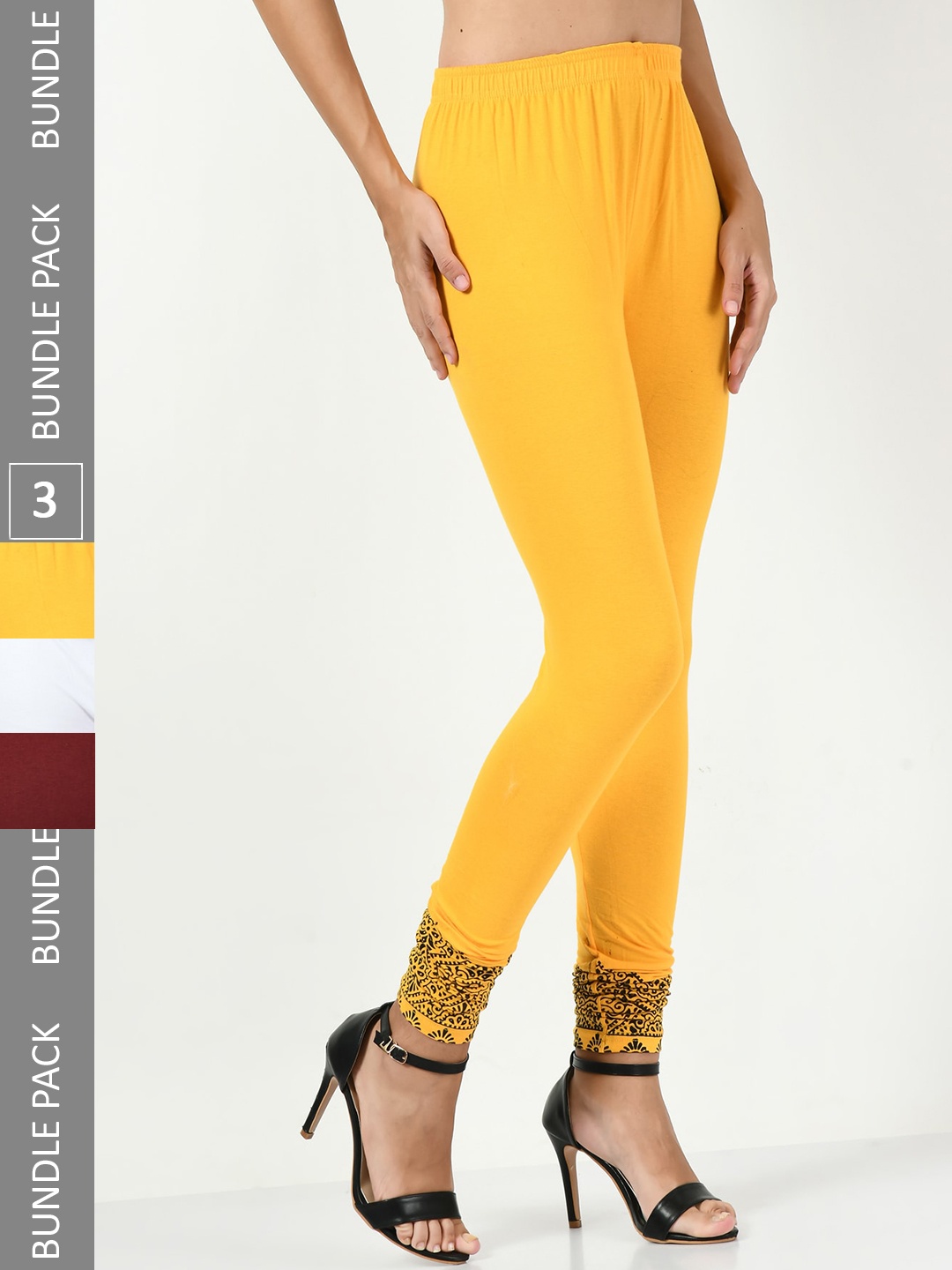 

BAESD Pack Of 3 Printed Hem Detail Churidar Length Leggings, Yellow