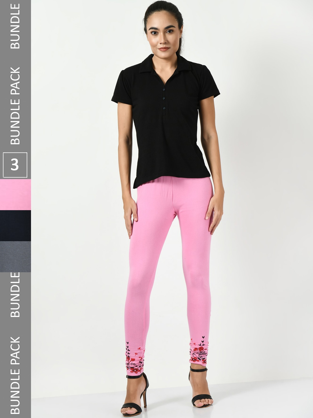 

BAESD Pack Of 3 Printed Slim-Fit Soft Churidar-Length Leggings, Pink