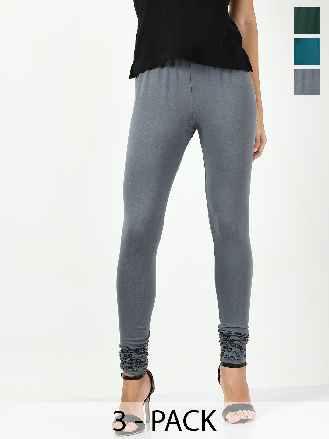 

BAESD Pack Of 3 Printed Slim-Fit Churidar Length Skin Friendly Cotton Lycra Leggings, Grey