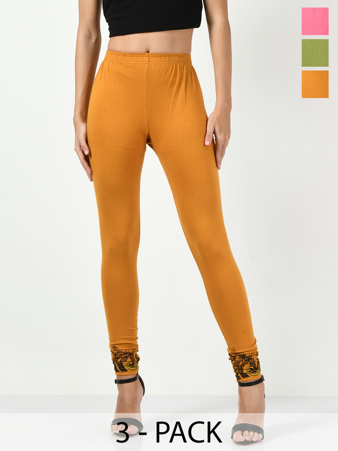 

BAESD Pack Of 3 Printed Cotton Lycra Churidar-Length Leggings, Mustard