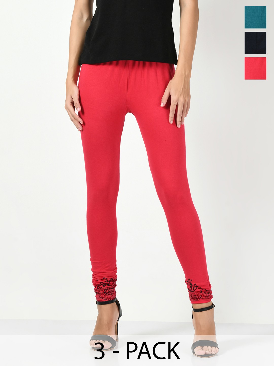 

BAESD Pack Of 3 Printed Slim-Fit Cotton Lycra Ankle Length Leggings, Red