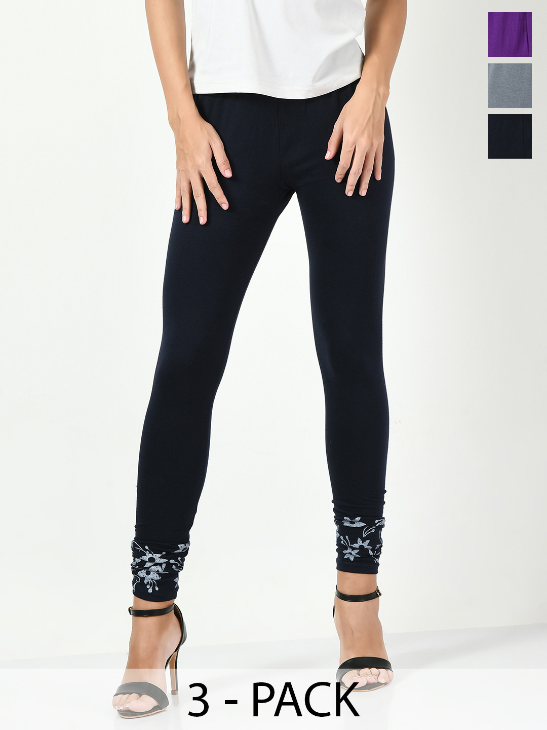 

BAESD Pack Of 3 Printed Slim-Fit Churidar Length Leggings, Grey