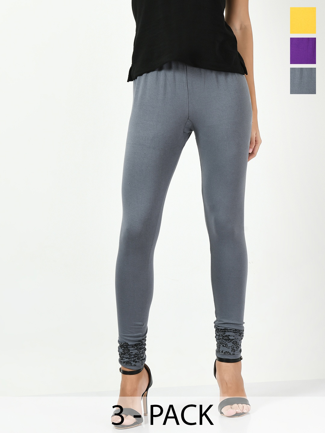 

BAESD Pack of 3 Printed Cotton Lycra Churidar-Length Leggings, Grey