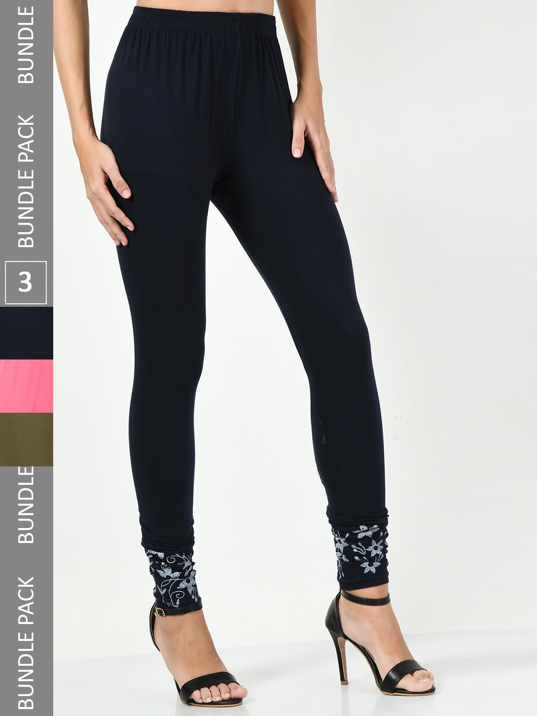 

BAESD Pack Of 3 Printed Cotton Lycra Churidar-Length Leggings, Black