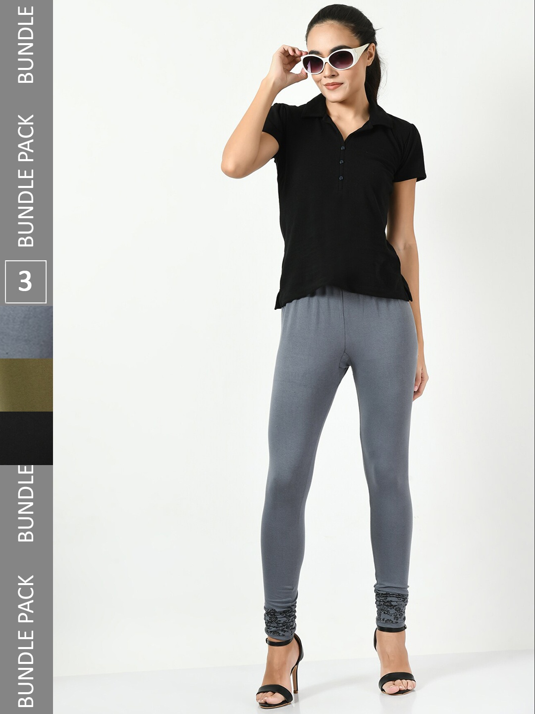 

BAESD Pack Of 3 Slim Fit Churidar-Length Cotton Lycra Leggings, Grey