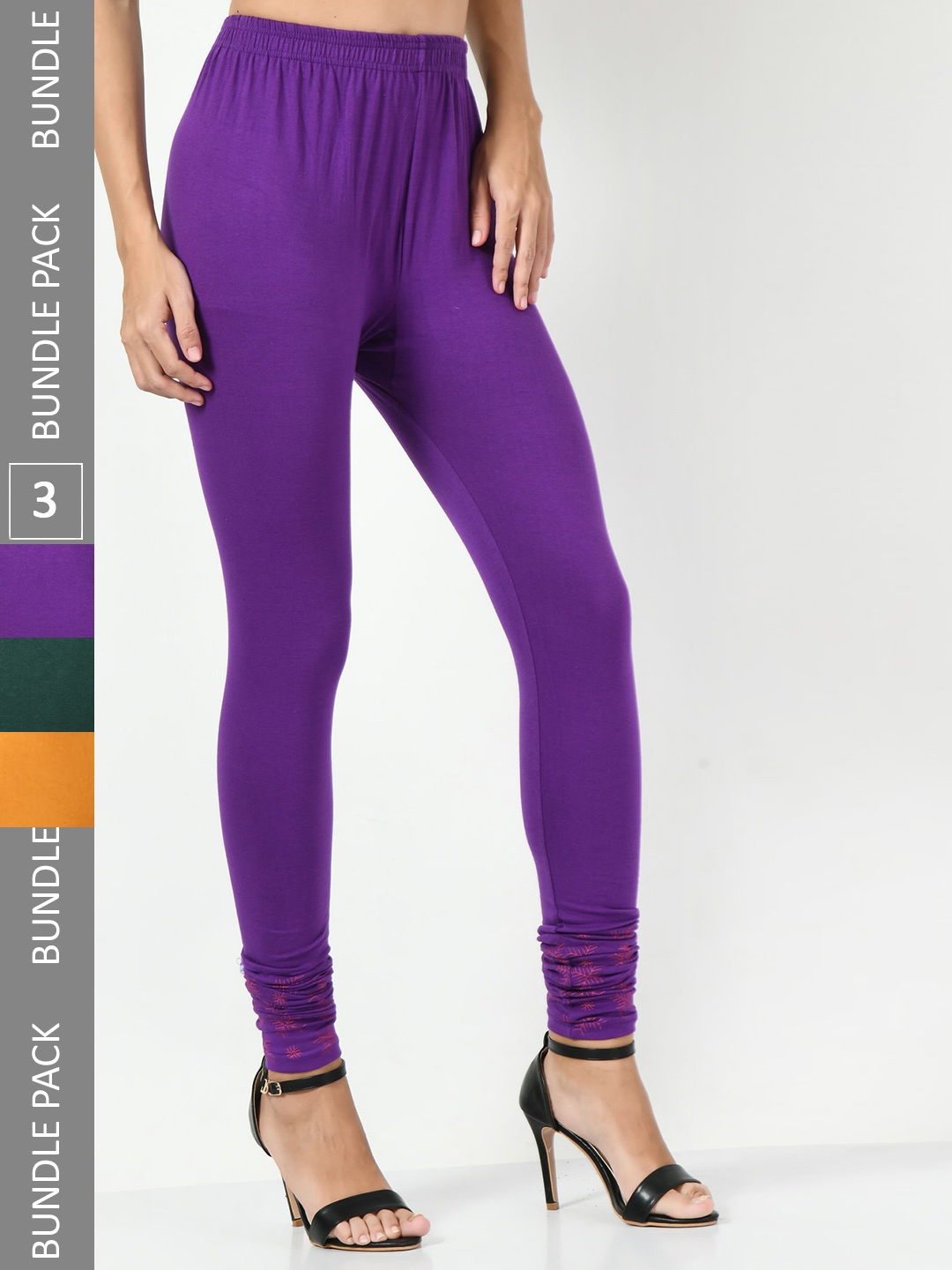 

BAESD Pack Of 3 Printed Churidar-Length Leggings, Purple