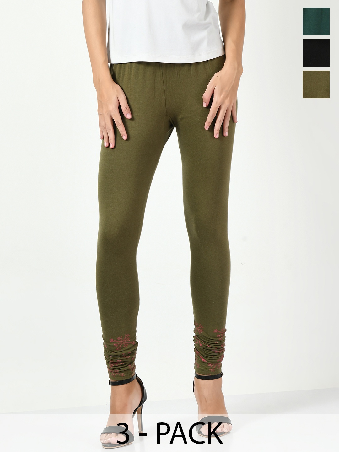 

BAESD Women Pack Of 3 Printed Ankle Length Leggings, Green