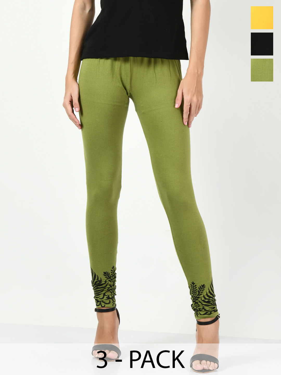 

BAESD Pack Of 3 Printed Slim-Fit Soft Churidar Length Leggings, Green