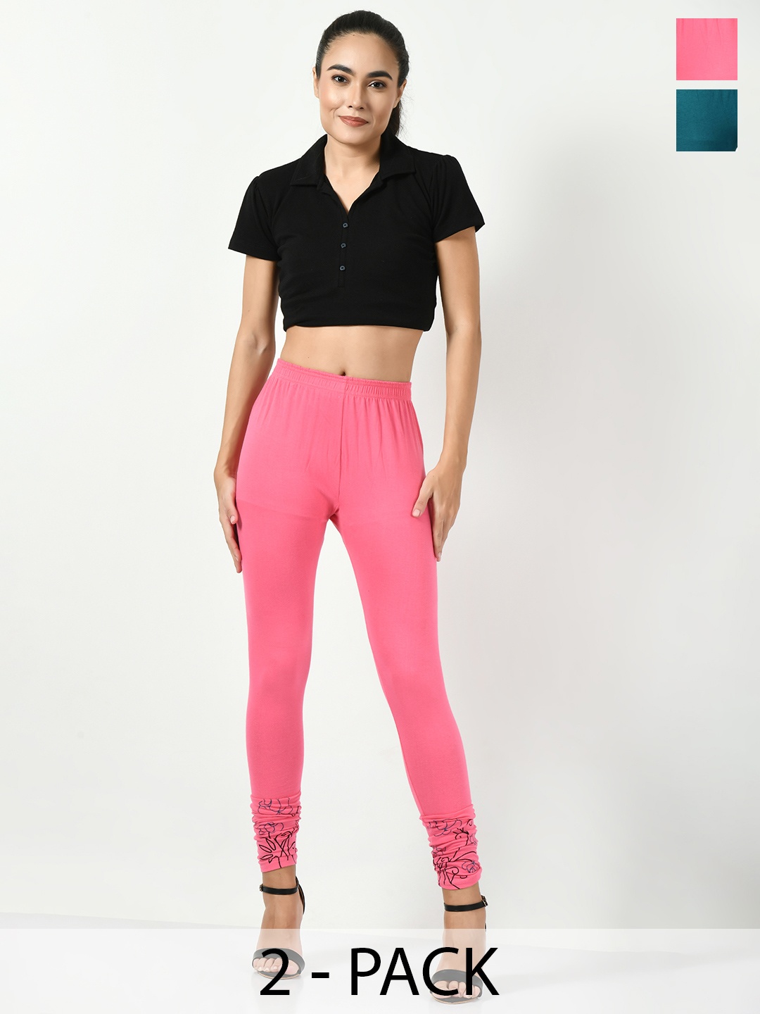 

BAESD Pack Of 2 Printed Slim-Fit Churidar Length Leggings, Pink