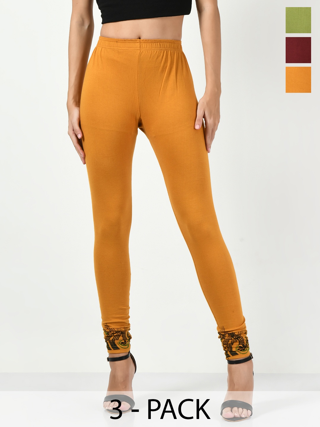 

BAESD Pack Of 3 Printed Cotton Lycra Churidar-Length Leggings, Mustard