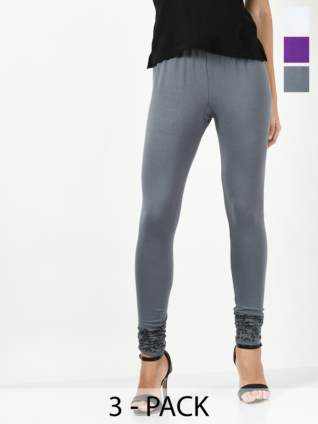 

BAESD Pack Of 3 Bottom Printed Slim-Fit Cotton Lycra Churidar Length Leggings, Grey