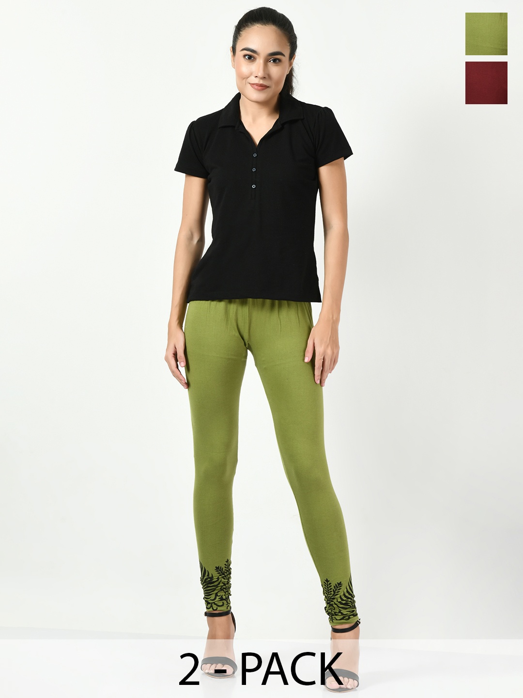 

BAESD Pack Of 2 Slim-Fit Churidar-Length Cotton Lycra Leggings, Green