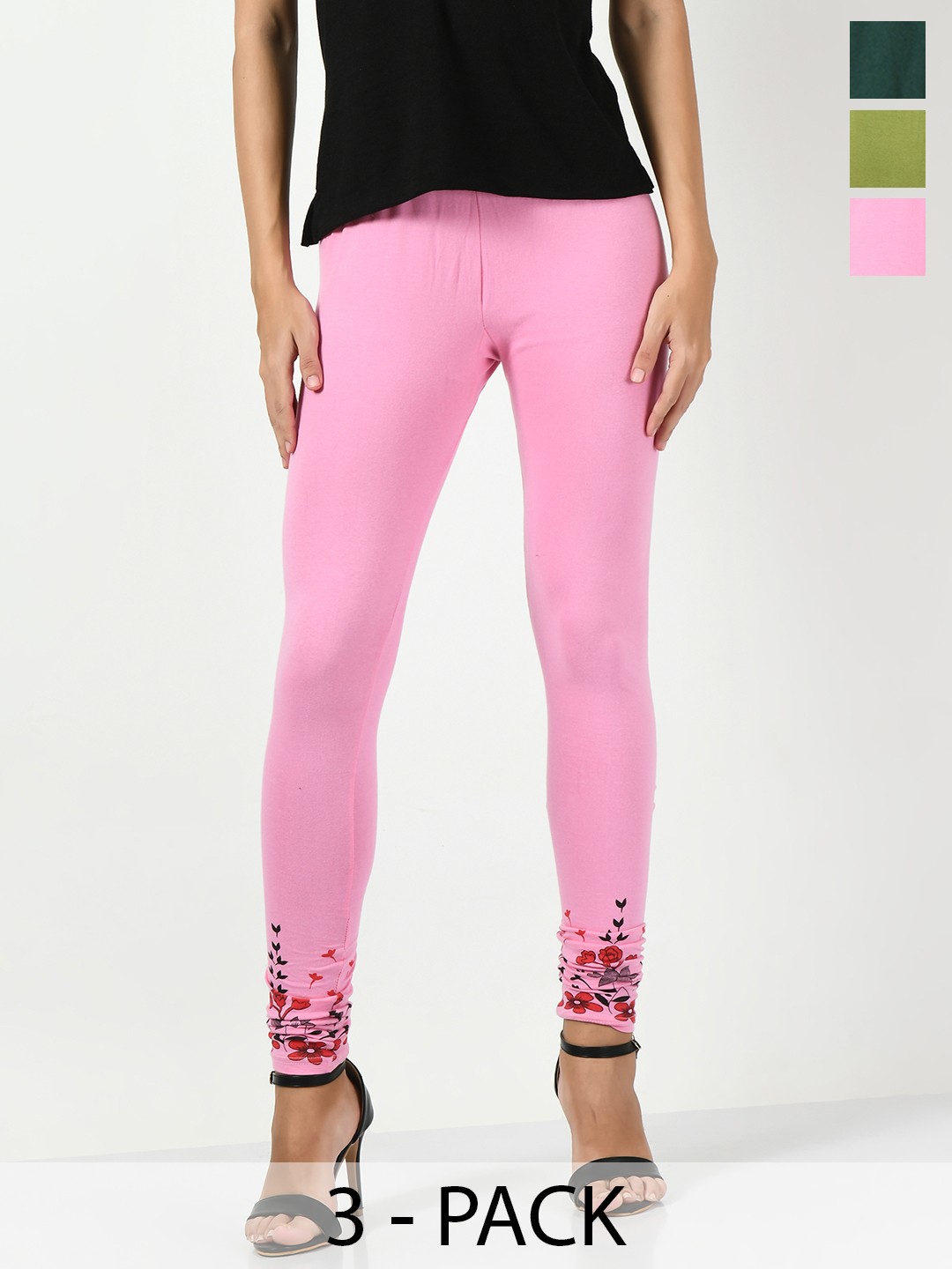 

BAESD Pack Of 3 Printed Super Soft Churidar-Length Leggings, Pink