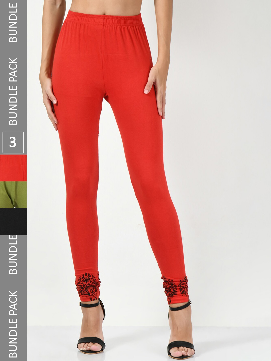 

BAESD Pack Of 3 Printed Slim-Fit Super Soft Ankle Length Cotton Lycra Leggings, Red
