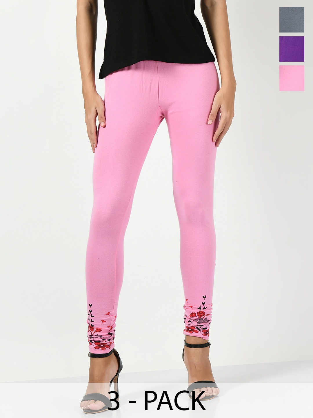 

BAESD Women Pack Of 3 Printed Ankle Length Leggings, Pink