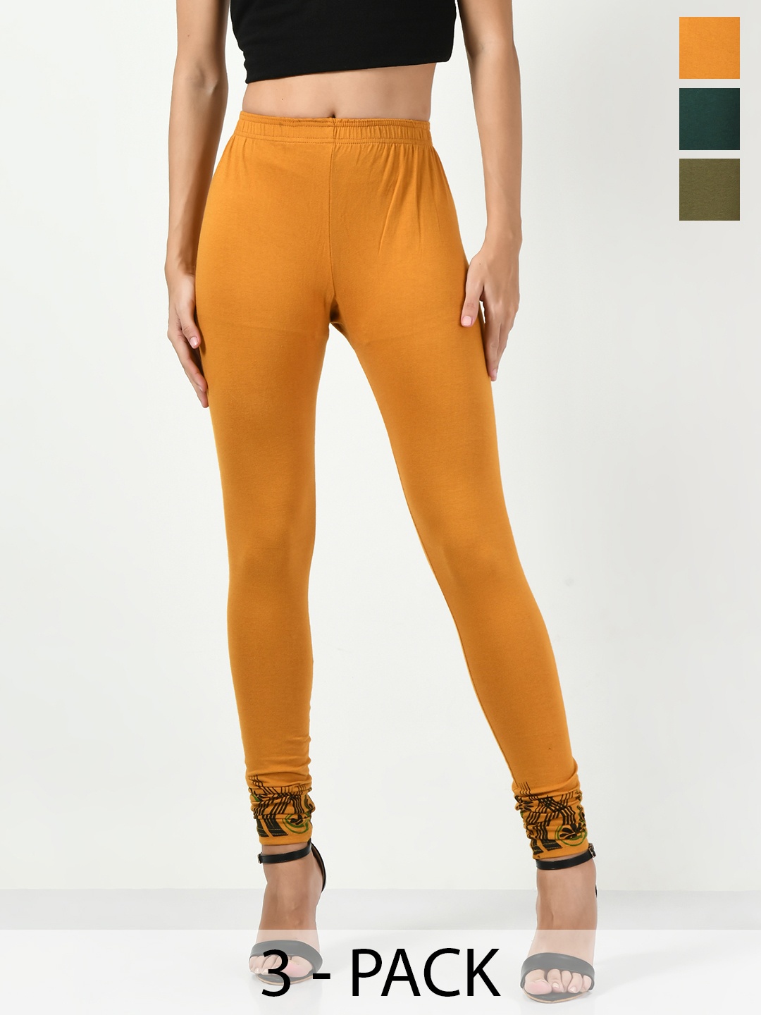 

BAESD Pack Of 3 Printed Soft Cotton Lycra Slim-Fit Ankle Length Leggings, Mustard