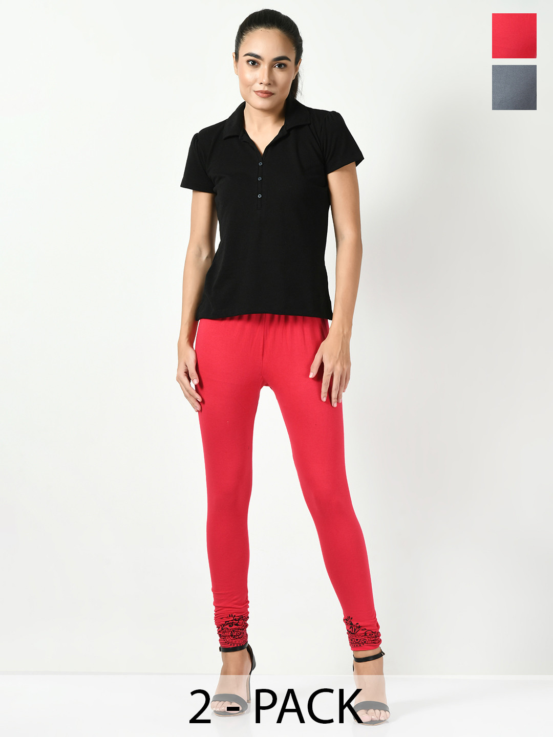 

BAESD Pack Of 2 Printed Slim-Fit Churidar-Length Leggings, Red