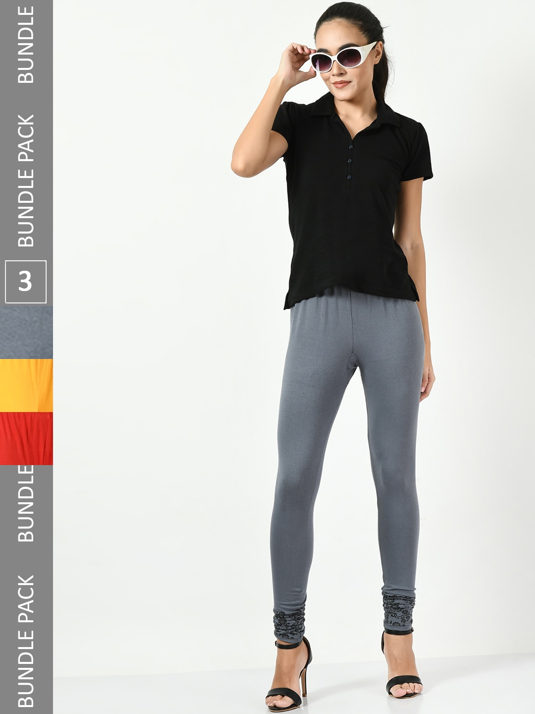 

BAESD Pack Of 3 Printed Hem Detail Churidar Length Leggings, Grey