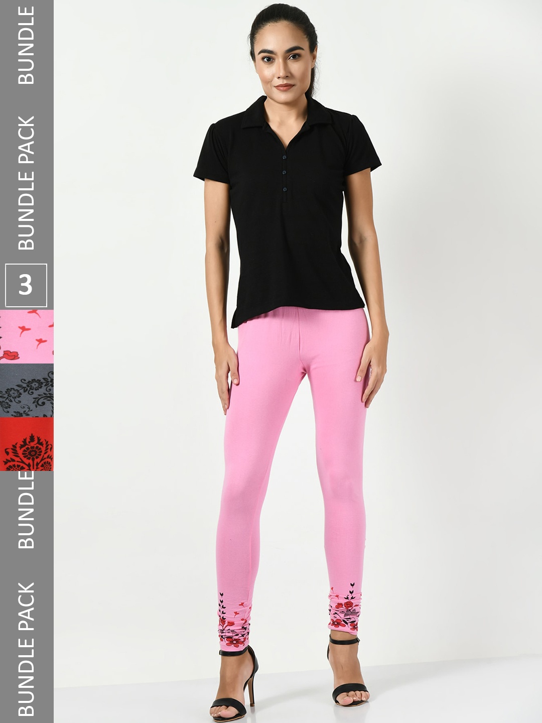 

BAESD Pack Of 3 Printed Slim-Fit Ankle Length Cotton Lycra Leggings, Pink
