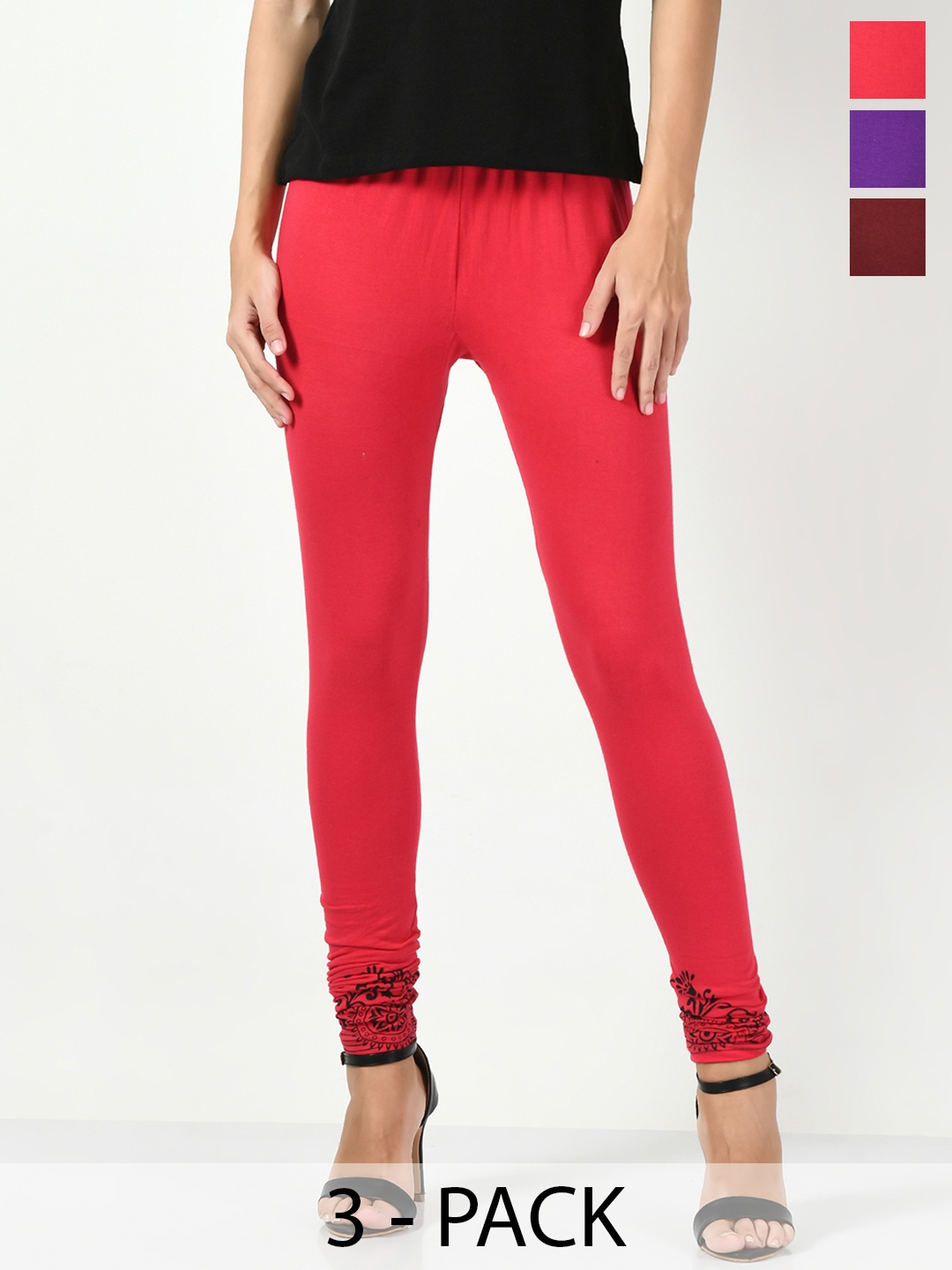 

BAESD Pack Of 3 Printed Slim-Fit Churidar Length Leggings, Red