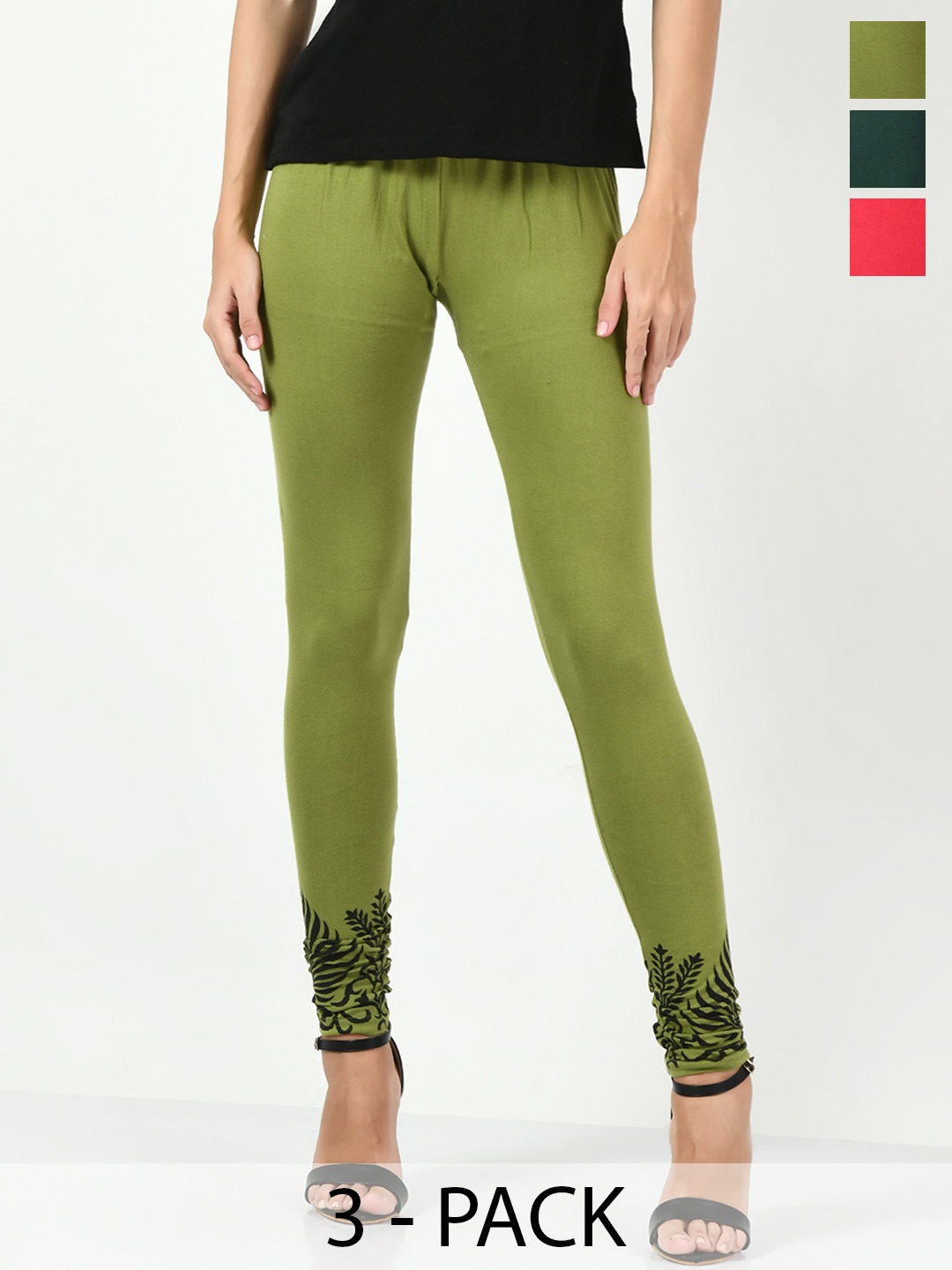 

BAESD Pack Of 3 Floral Hem Design Mid Rise Cotton Lycra Churidar Length Leggings, Green