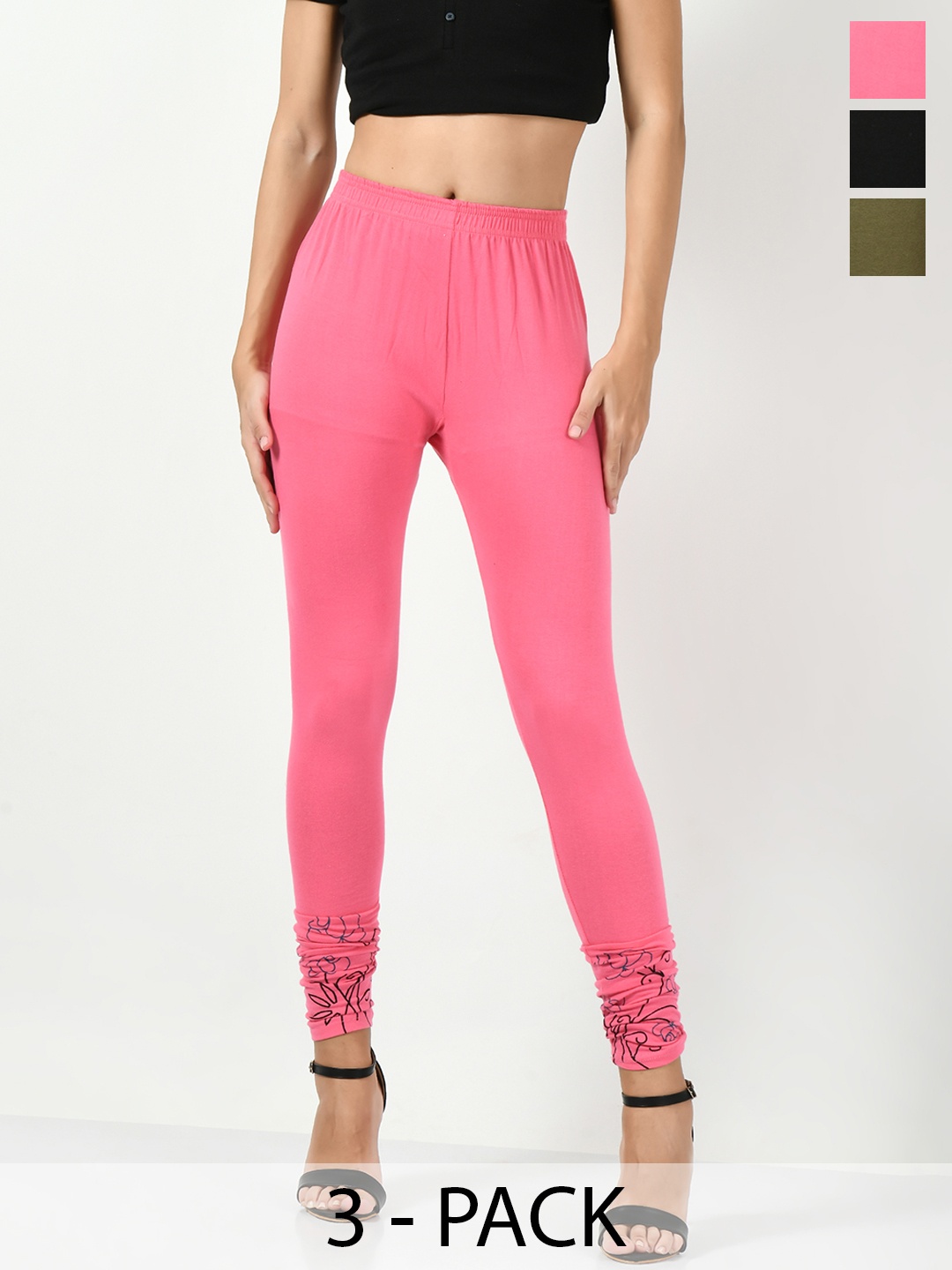 

BAESD Pack Of 3 Printed Slim-Fit Ankle Length Cotton Lycra Leggings, Pink
