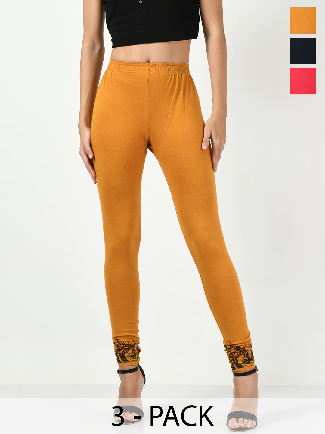 

BAESD Pack Of 3 Printed Soft Cotton Lycra Slim-Fit Ankle Length Leggings, Yellow