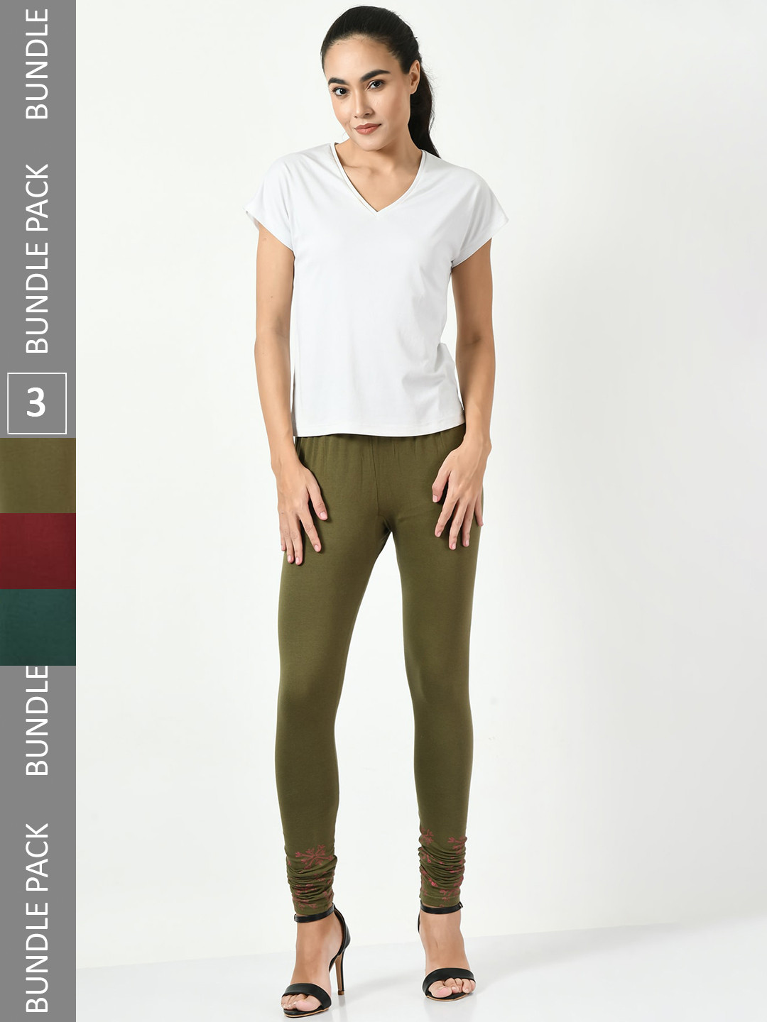

BAESD Pack Of 3 Printed Soft & Comfortable Slim-Fit Ankle Length Cotton Lycra Leggings, Olive