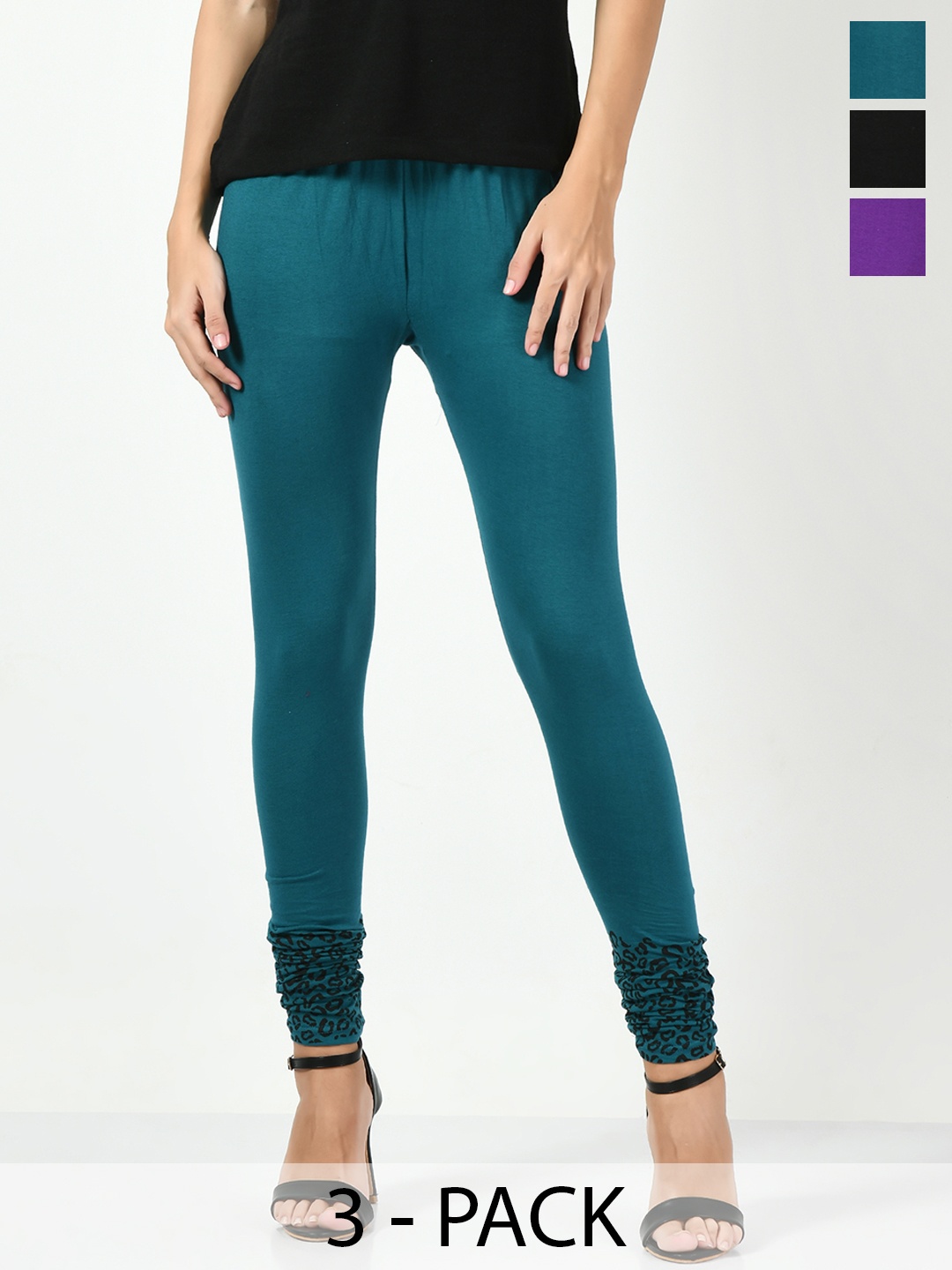 

BAESD Pack Of 3 Printed Slim-Fit Churidar-Length Leggings, Teal