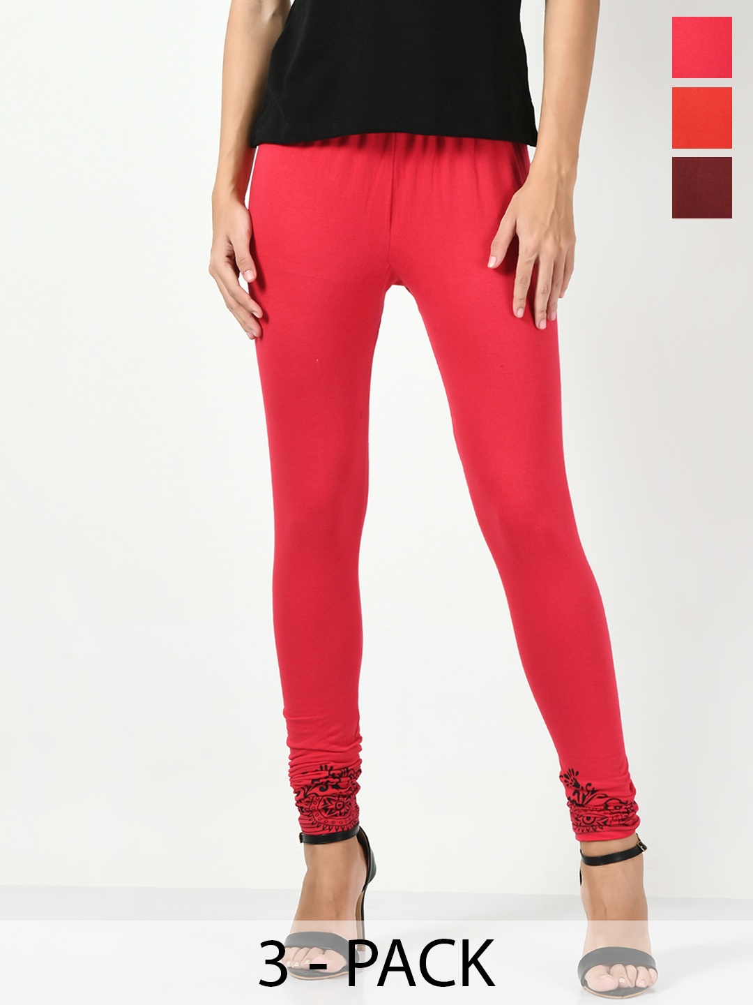 

BAESD Pack Of 3 Printed Soft Cotton Lycra Slim-Fit Ankle Length Leggings, Red