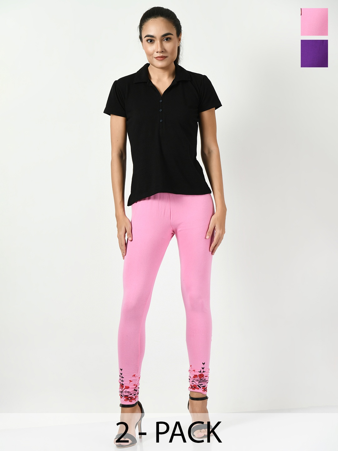 

BAESD Pack Of 2 Printed Slim-Fit Churidar-Length Leggings, Pink