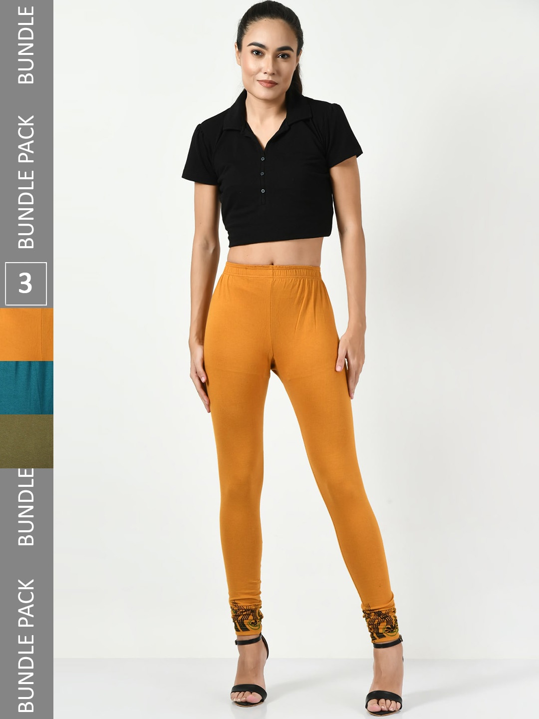 

BAESD Pack Of 3 Slim-Fit Churidar-Length Cotton Lycra Leggings, Mustard