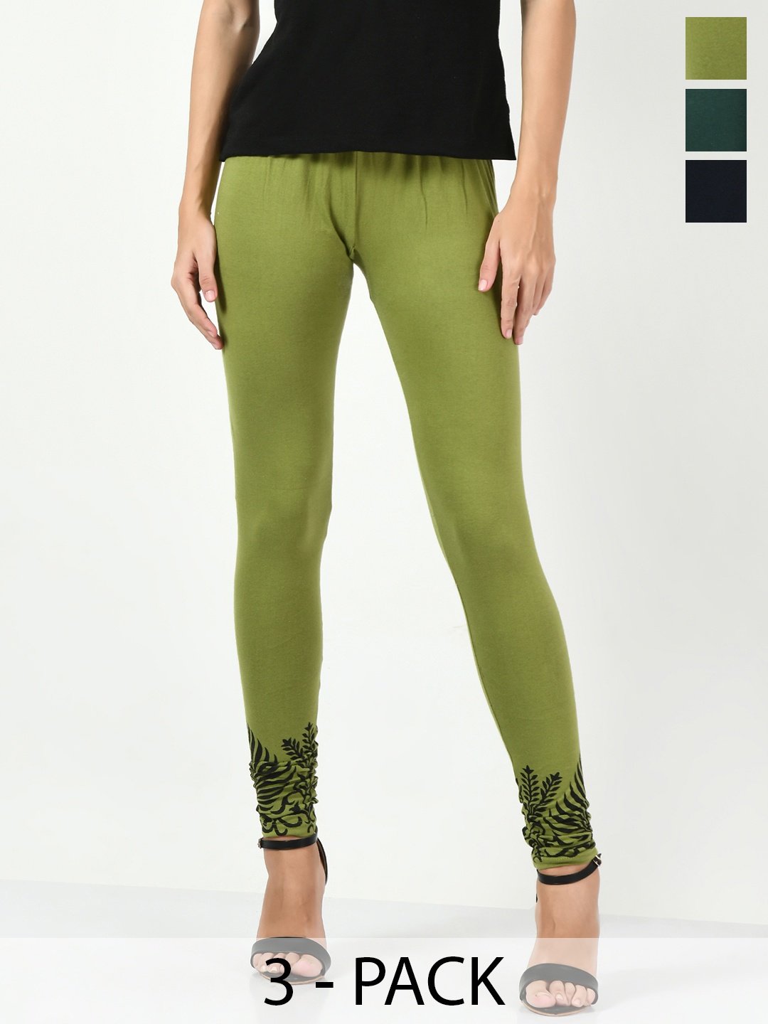 

BAESD Pack Of 3 Printed Slim-Fit Ankle Length Leggings, Green