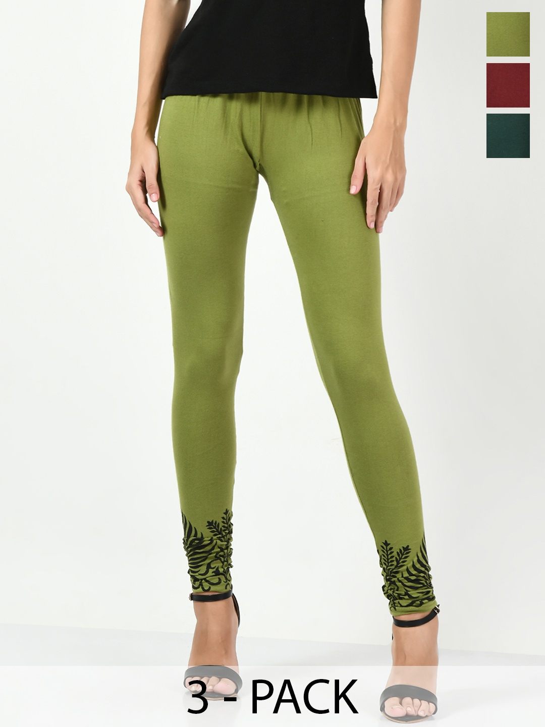 

BAESD Pack Of 3 Printed Slim-Fit Churidar-length Leggings, Olive