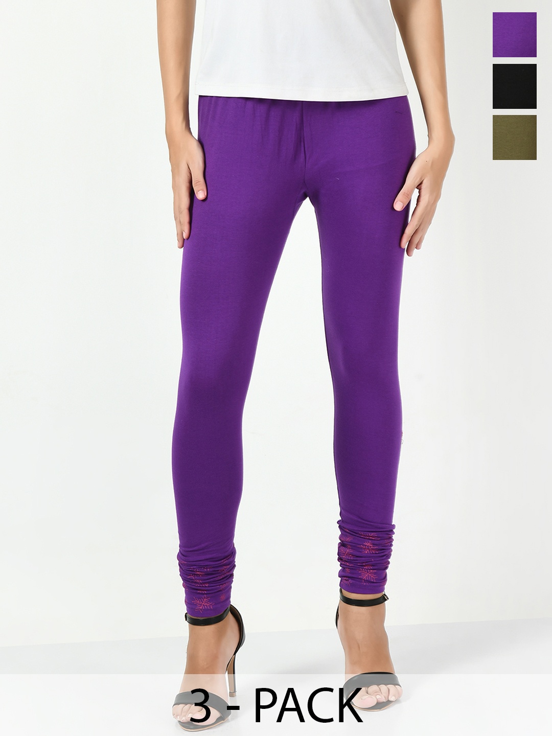 

BAESD Pack Of 3 Printed Slim-Fit Churidar Length Cotton Leggings, Purple