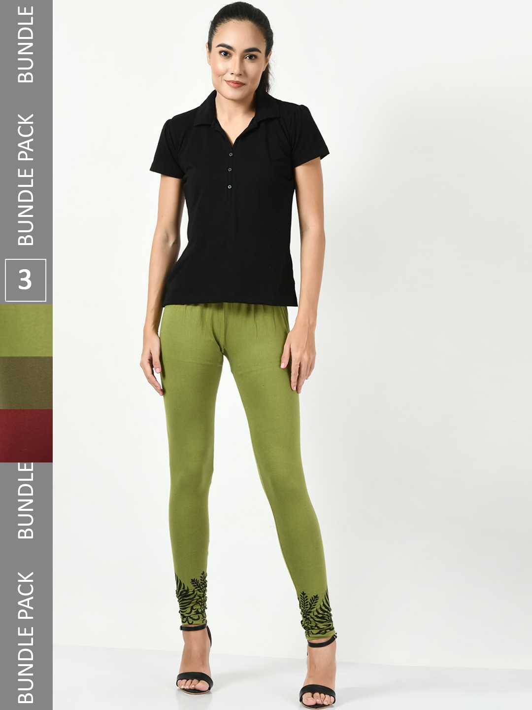 

BAESD Pack Of 3 Printed Soft Cotton Lycra Slim-Fit Churidar-length Leggings, Olive
