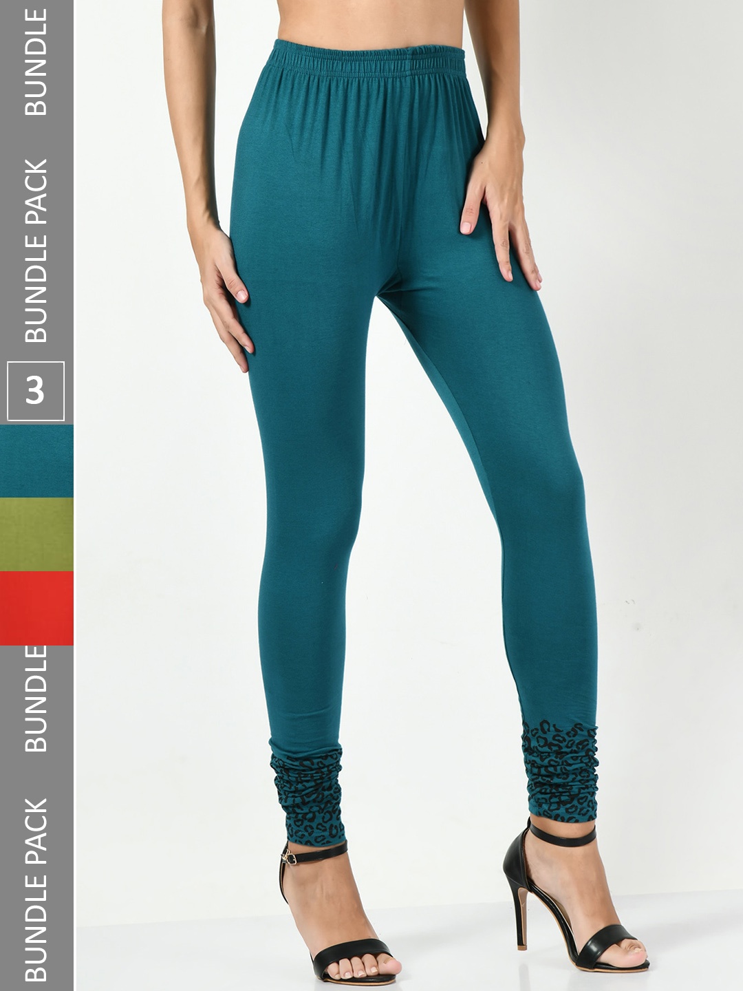 

BAESD Pack Of 3 Printed Soft & Comfortable Churidar-length Cotton Lycra Leggings, Teal