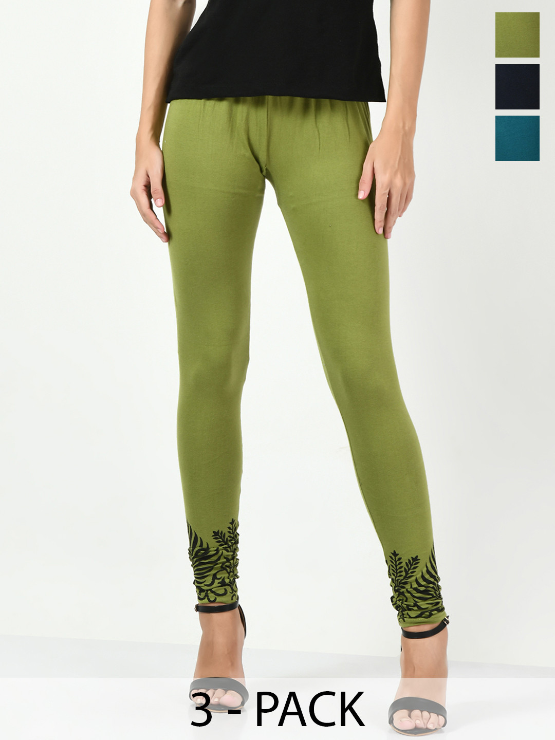 

BAESD Pack Of 3 Printed Ankle Length Cotton Lycra Leggings, Olive
