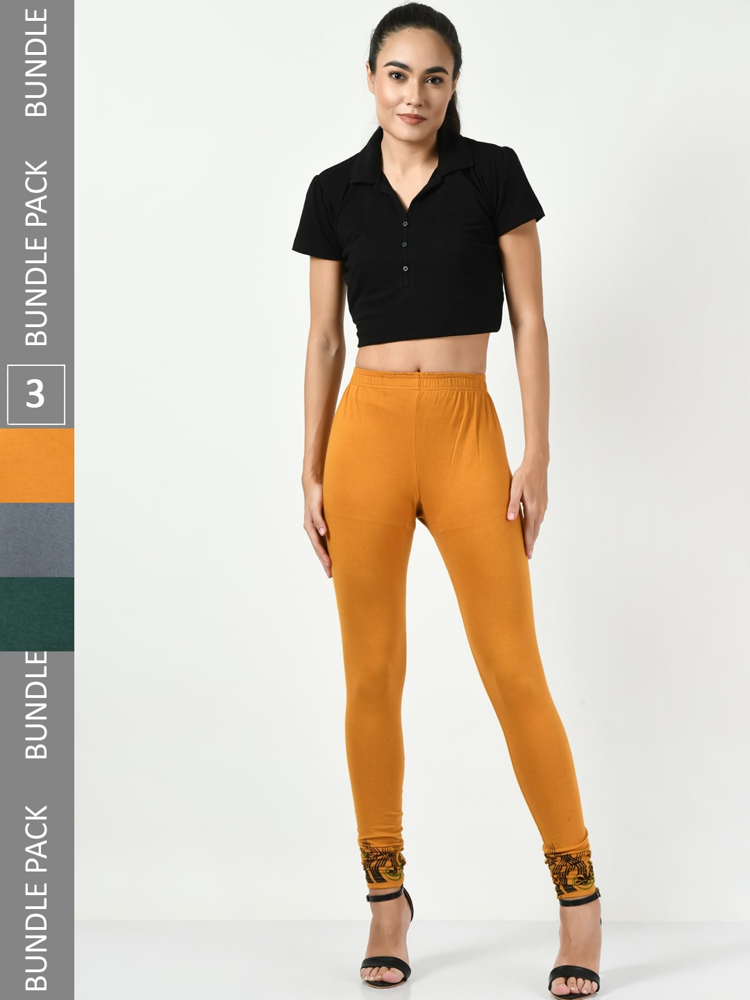 

BAESD Pack Of 3 Printed Slim-Fit Soft Churidar-Length Leggings, Mustard