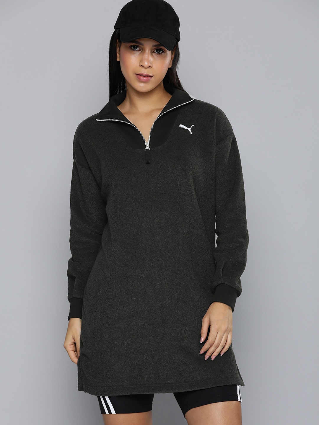 

Puma HER Winterized Half Zipper Solid Longline Relaxed Fit Pullover Sweatshirt, Black