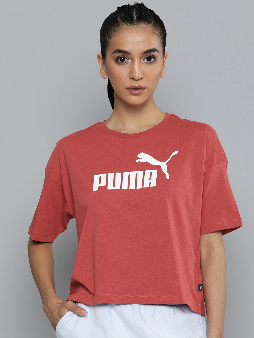 

Puma Pure Cotton Essentials Relaxed Fit Brand Logo Printed Drop-Shoulder Sleeves T-shirt, Rust